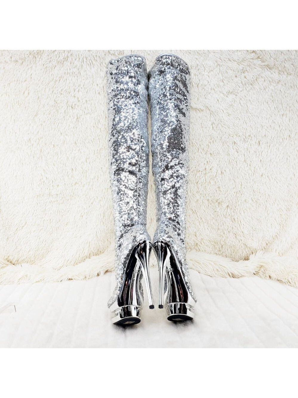 3011 Silver Sequin Open Toe Thigh High Heel Boots Blondie - Picture 9 of 15